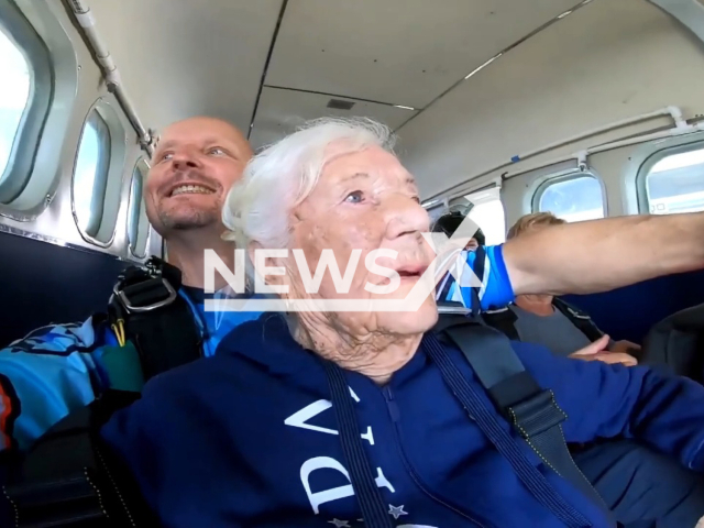 World War II nurse who served on the frontline celebrates her 100th birthday by skydiving over the Florida Coastline. Note: Picture is a screenshot from a video (SkydiveSeb/Newsflash)