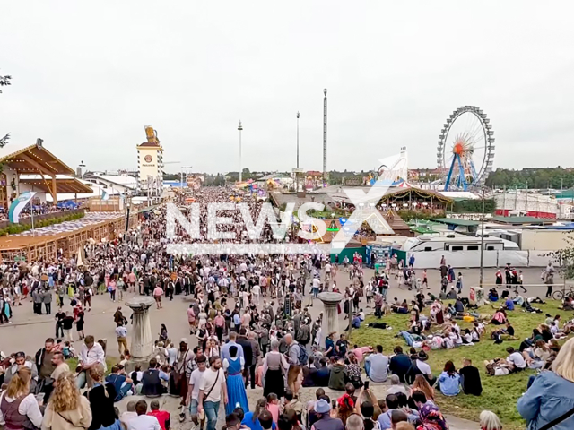 Image shows Oktoberfest in Munich, Germany, in September 2024. A young British woman, aged 22, was sexually assaulted by an Oktoberfest guard. Note: Photo is a screenshot from a video. (Newsflash)