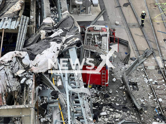 Firefighters  at the scene of the explosion, in Krem, Austria, on 5th May. Note: Firefighters photo. (Feuerwehr Krems an der Donau/Newsflash)