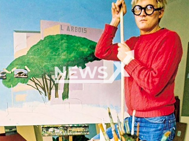 Image shows David Hockney painting
L'Arbois, Sainte-Maxime in his studio in 1968. The painting is estimated to fetch between GBP 7 and 10 million in London, England. Note: Licensed content. (Chris Smith/Newsflash)