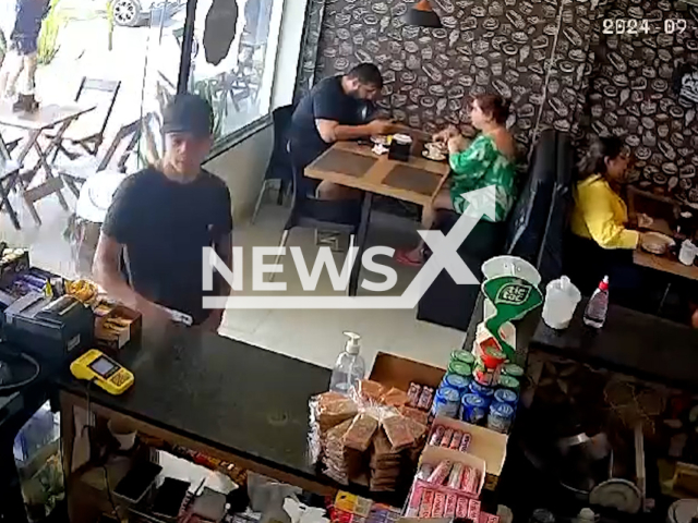 Criminal and civil police officer exchange gunfire inside a bakery in Araruama, Brazil, Sunday, Sep. 29, 2024. The suspect was shot, but managed to escape. Note: Photo is a screenshot from a video. (Newsflash)