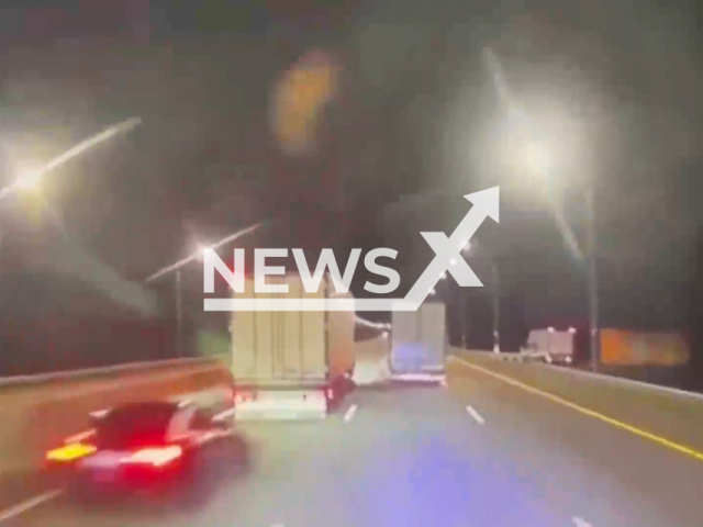 Footage shows a car accident on the highway M-12 from Moscow to Kazan, Moscow Oblast, Russia on Friday, Sep. 25, 2024. The car driving at 300 km/h crashed into a truck. Note: Photo is a screenshot from a video. (Newsflash)