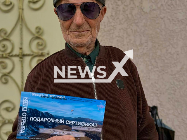 Aslan Gaboev, 104, poses in undated photo. He flew a motorised paraglider at an altitude of about 2,000 metres at the Fly Chegem paragliding ground in the Kabardino-Balkarian Republic, Russia. Note: Picture is taken from social media. (Paradrom Chegem/Newsflash)