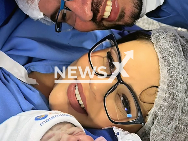 Picture shows Francielly, Daniel and husband, Aug. 12, 2024. Baby peed on mother shortly after birth in Goiania, Brazil. Note: Private photo taken from social media. (@franciellyjacob/Newsflash)