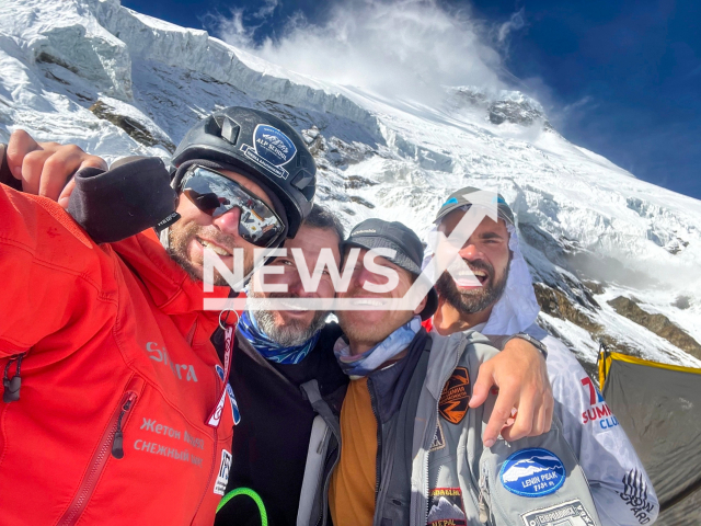 Alexander Dusheyko (far left), Oleg Kruglov (far right), Dmitry Shpilevoy (middle left) and Mikhail Nosenko (middle right) pose in undated photo. The climbers died after a 7,600-metre fall from Mount Dhaulagiri in Nepal on Sunday, 6 October. Note: Picture is taken from social media. (Alexander Dusheyko/Newsflash)