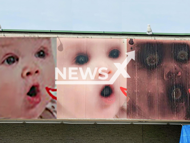 Photo compilation shows slow deterioration of baby poster in Shiga prefecture, Japan, undated. The ink melted over time due to high summer temperatures. Note: Google Maps photo compilation. (Newsflash)