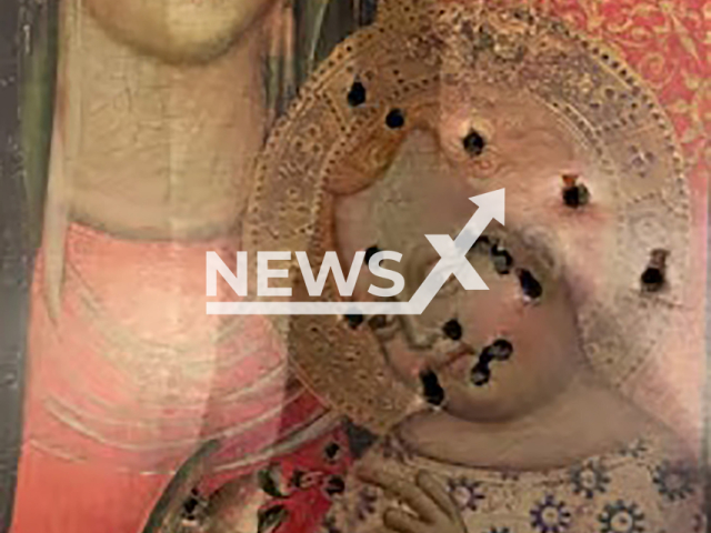 Image shows the auction poster of a 14th-century Madonna and child painting, undated photo. Swiss politician Sanija Ameti, 32, from Zurich, Switzerland, fired a sport pistol at the painting. Note: Private photo from local media. (Newsflash)