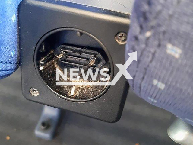 Image shows the power socket in the ICE train, undated photo. A passenger in Dortmund, North Rhine-Westphalia State, Germany, got injured on Friday, Oct. 11, 2024. Note: Licensed content. (Bundespolizeidirektion Sankt Augustin, NX/NF)