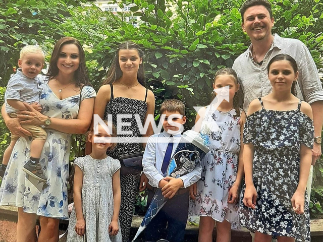 Image shows IIja, aged 8, (holding a cone), mum Helena, 39, holding Samuel, aged 2, next to Diana, aged 16, Vera, aged, 5, father Juri, 34, with Lina, 12, and Stella, 10, undated photo. Juri Krueger died in a motorcycling accident in Verden, Lower Saxony State, Germany, Sept. 21, 2024. Note: Private photo from local media. (GoFundMe/NF/NewsX)