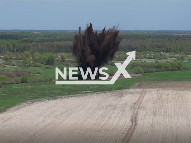 Pyrotechnics neutralized a Russian FAB-500 air bomb In the Brovary district of Kyiv region in Ukraine on the 8th of May 2022. Note: Photo is a screenshot from a video(SES of Ukraine/Newsflash).