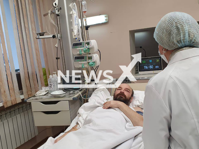 Photo shows Mikhail Pichugin, 46, at hospital in Magadan, Russia on Wednesday, Oct. 16, 2024. He was saved from a boat in the Sea of Okhotsk, Russia's Far East. Note: Licensed government photo. (@gov49, NF/newsX)