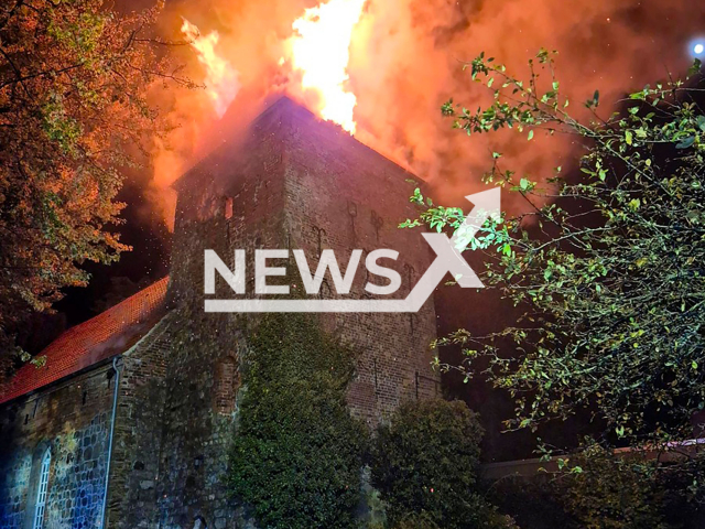 Image shows the burning 12th-century church, undated photo. The fire triggered a major operation in Bremerhaven, Germany, on Tuesday, Oct. 15, 2024. Note: Licensed content. (Bremerhaven Fire Department/NF/newsX)