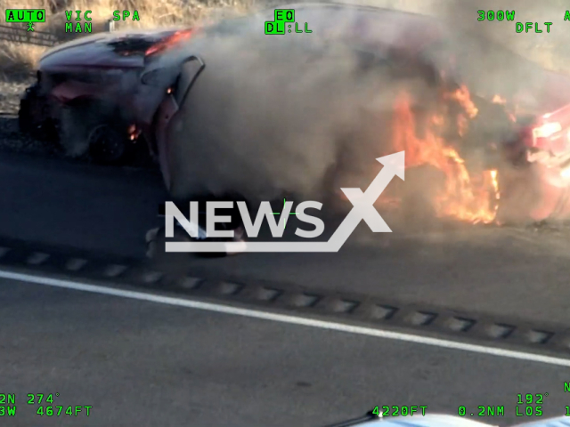 Suspect fleeing Nevada domestic incident sparks pursuit that ends in fiery crash on I-80 in Skull Valley, Utah in the United States on Wednesday, Sep. 25, 2024. Police used stop sticks and the vehicle eventually caught fire.
Note: Police photo. (@UtahDPS/NF/newsX)