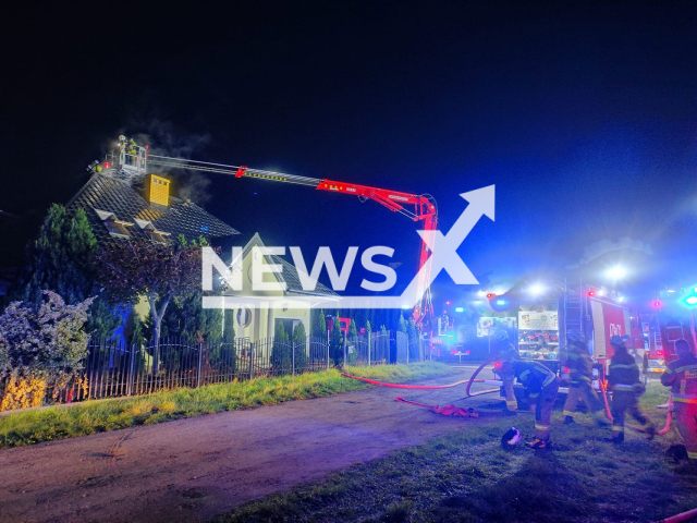 Picture shows firemen at the scene in Wieliszew, Poland, Tuesday, Oct. 15, 2024. No one was hurt. Note: Photo from fire dept. (@kppsplegionowo/NF/newsX)