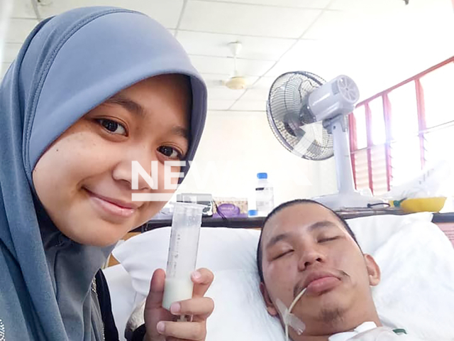 Picture shows Malay woman Nurul Syazwani with husband, undated. She reportedly had to feed her husband milk through nasogastric tube four times a day during six years. Note: Private photo taken from social media. (Nurul Syazwani/NF/newsX)