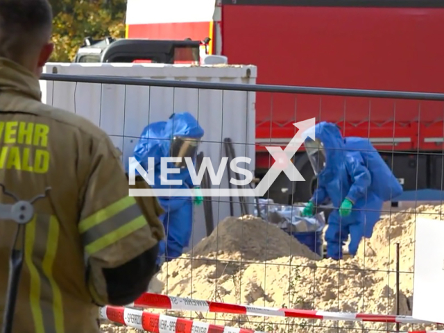 Image shows German crews uncovering more than 800 smoke grenades, undated photo. They were found in an ex-Soviet Russian base in Ahlbeck, Mecklenburg–Western Pomerania State, Germany. Note: Photo is a screenshot from a video. (NF/newsX)