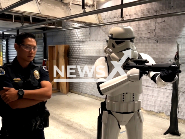 Storm Trooper applies to be a police officer in Anaheim, California, USA. Note: This picture is a screenshot from the video. (AnaheimPD/Clipzilla)