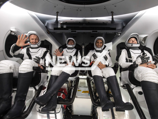 From left to right, ESA (European Space Agency) astronaut Matthais Maurer, NASA astronauts Tom Marshburn, Raja Chari, and Kayla Barron, are seen inside the SpaceX Crew Dragon Endurance spacecraft onboard the SpaceX Shannon recovery ship shortly after having landed in the Gulf of Mexico off the coast of Tampa, Florida, Friday, May 6, 2022. Note: The picture is courtesy of NASA. (NASA/Clipzilla)