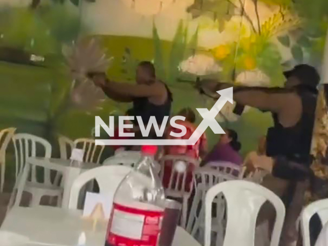 Police arrests man who invaded children's party in Paranagua, Brazil, Sunday, Oct. 27, 2024. He was trying to take the guests hostage. Note: Photo a is screenshot from a video(@9bpm.pmpr/NF/newsX)