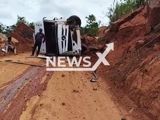 Picture shows the overturned truck in Baixo Guandu, Brazil, undated. Driver filmed his own accident. Note: Private photo taken from local media. (NF/newsX)