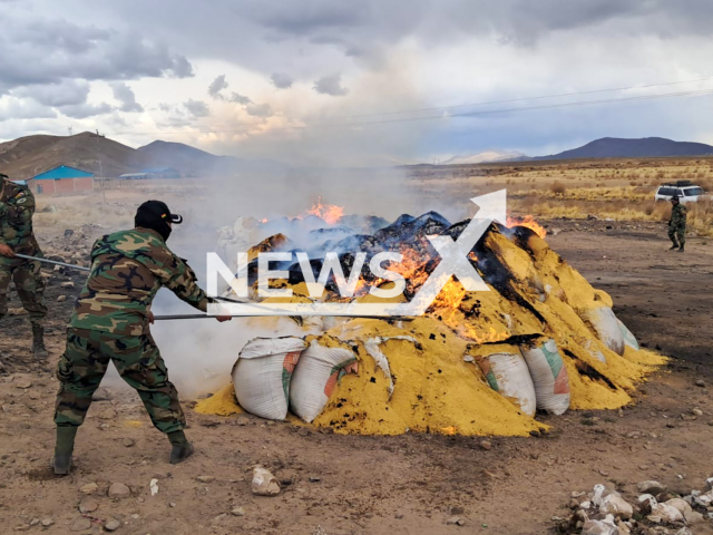 Picture shows the cocaine being burned in Bolivia, undated. An amount of 21.6 tons of cocaine were seized in a large operation called "Kalumagro". Note: Photo from government official. (@EDelCastilloDC/NF/newsX)