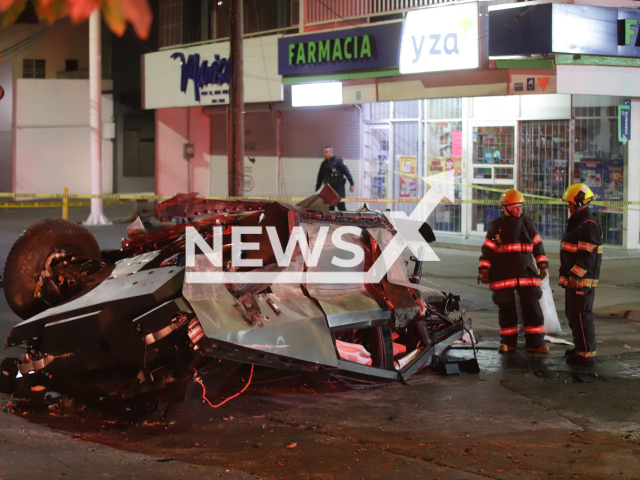 Picture shows the crashed Tesla Cybertruck in Guadalajara, Mexico, undated. There were four injured. Note: Photo shared by fire department. (Proteccion Civil y Bomberos GDL/NF/newsX)