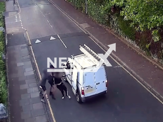 CCTV footage captures the moment three men attempted to kidnap a victim dragging him toward a van after assaulting him in Luton on 3rd September 2023. The trio—Dominic Croucher, 28,  Jamie Williams, 40, and Paul Morrell, 39 were sentenced to over 18 years in prison after admitting conspiracy to kidnap and blackmail. Note: Photo is a screenshot from a video. (@bedspolice/NF/newsX)