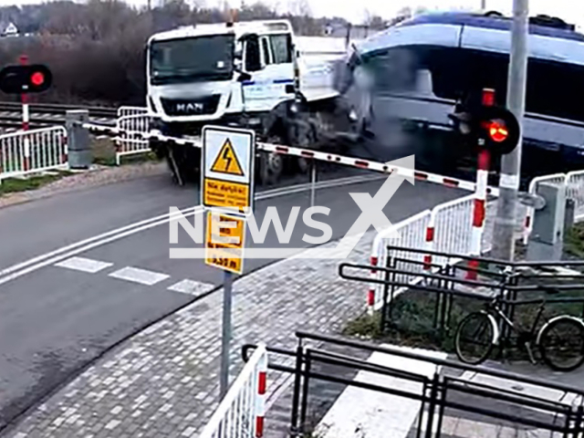 The truck gets stuck on the railroad tracks and a train at full speed demolishes it in Nowa Sucha, Sochaczew County, Masovian Voivodeship, in east-central Poland on Tuesday, Nov. 26, 2024. Seven train passengers were injured. Note: Photo is a screenshot from a video. (@PolskieLinieKolejowe, NF/newsX)