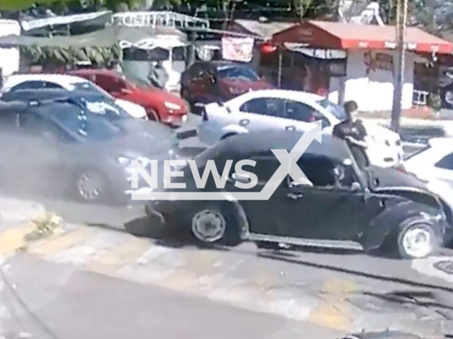 Man escapes being crushed by car in Naucalpan, Mexico, Nov. 26, 2024. The motorist lost control of his vehicle. Note: Photo a is screenshot from a video(NF/newsX)