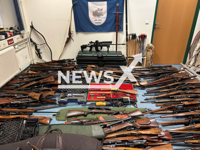 Image shows the arsenal of weapons, undated photo. They were found in an 85-year-old OAP's home in Vienna, Austria, on Wednesday, Nov. 27, 2024. Note: We obtained permission to use the photo from Julia Schick from the Vienna State Police Directorate. (LPD Vienna/NF/newsX)