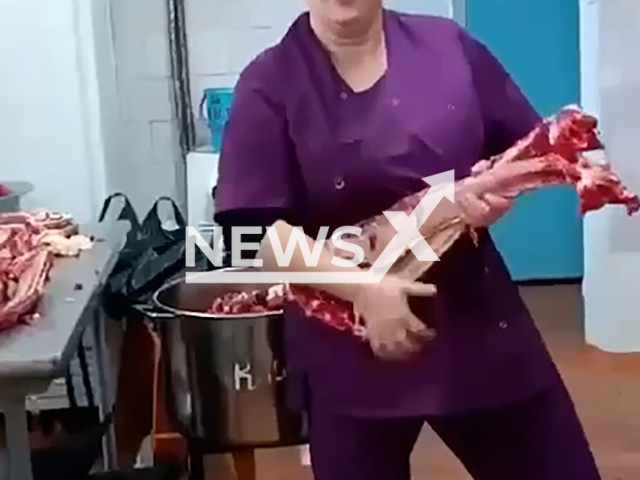 School cafeteria cooks play beef ribs as guitars in Shushenskoye, Krasnoyarsk Krai,  Siberia, Russia on Saturday, Nov. 23, 2024. It ended up with police check. Note: Photo is a screenshot from a video. (NF/newsX)