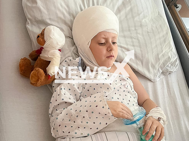 Image shows little Conner, aged 7, in the hospital, undated photo. He was operated after a classmate lit a firecracker in his helmet in Marl, North Rhine-Westphalia State, Germany. Note: Private photo from local media. (NF/newsX)