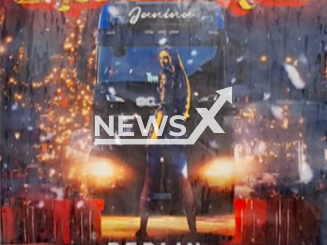 Image shows the bizarre poster, undated photo. It advertises the Christmas truck at Breitscheidplatz, in Berlin, Germany. Note: Photo is a screenshot from a picture in a video. (NF/newsX)