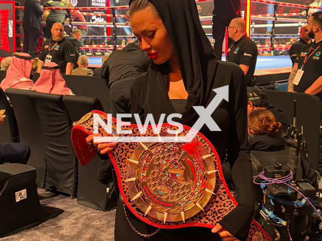 Russian TV Presenter Victoria Bonya holds Ukrainian boxer Usyk's championship belt in Riyadh, Saudi Arabia on Sunday, Dec. 22, 2024. She was criticized for this photo and suspected of financing Ukrainian army. Note: Picture is private used in local media. (Victoria Bonya, NF/news)