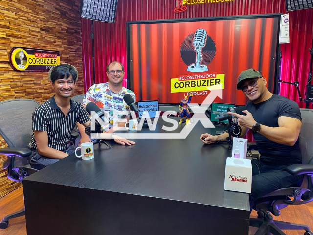 Popular Indonesian podcaster Deddy Corbuzier (right) lost almost half of his Instagram followers after he hosted married gay couple Ragil Mahardika (left) and his German partner Frederik Vollert (middle) for the interview, which was published on 7th May 2022. Note: Private picture (@ragilmahardika/Newsflash)