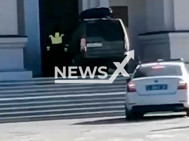 Footage shows the a former employee of the Investigative Committee Alexander Goluzhenko with stolen SUV crashed it into the gates of a church in Vladivostok in Russia on Wednesday, Jan. 15, 2025. Note: Photo is a screenshot from a video. (NF/newsX)