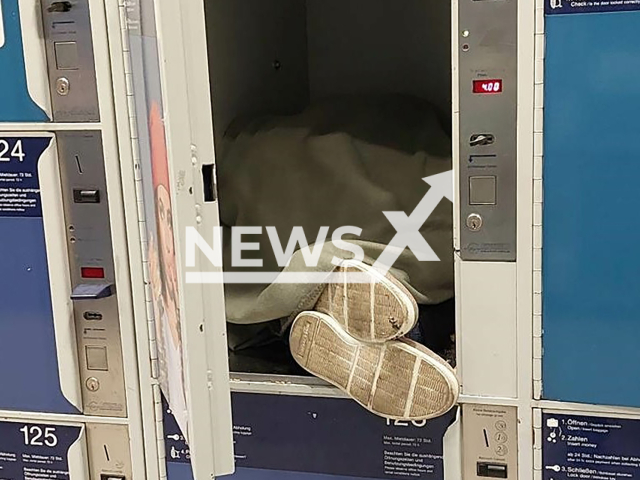 Picture shows man sleeping in locker in Erfurt, Germany, Jan. 22, 2025. The federal police woke the 27-year-old Somali and asked him to continue his sleep in a more suitable location. Note: Police photo. (Bundespolizeiinspektion Erfurt/Newsflash/NX)