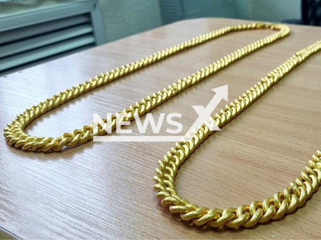 Picture shows kilogram-sized gold chains at Chechnya airport in Russia, undated. The women put two items, each weighing one kg, around their necks and hid them under their clothes. Note: Photo from customs. (@customs_sktu/Newsflash/NX)