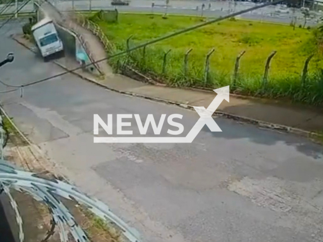 Lorry crashes in Belo Horizonte, Brazil, undated. The vehicle went down in reverse and hit the ramp. Note: Photo is a screenshot from a video. (Newsflash/NX)