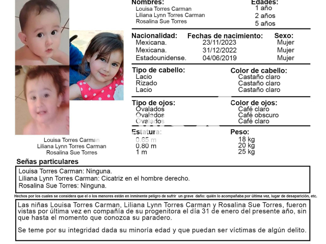 Picture shows a poster for the missing kids Louisa Torres Carman, Liliana Lynn Torres Carman and Rosalina Sue Torres, undated. They had gone missing along with their mother and siblings in Mexico. Note: Government organisation photo.  (@AAMBERGTO/Newsflash/NX)