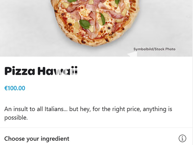 Picture shows the pineapple pizza that can be ordered for EUR 100, undated. The pizzeria from Vienna added it into their menu. Note: Picture is a screenshot from website. (Newsflash/NX)