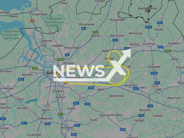 Photo shows the flight path of flight GRZLY21 of the Belgian Air Force over Antwerp, Belgium, on Tuesday, 18 February, 2025. The pilot appeared to have drawn a penis. Note: Picture is taken from flight map. (Flightradar24/Newsflash/NX)