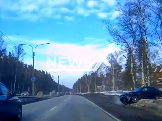 This image is a screen grab of the video supplied titled NewsX-SoloCrash-01.mp4: Dashcam shows Speeding Mercedes losing control and crashing on a highway in Saint Petersburg, Russia on Monday, Feb. 24, 2025.