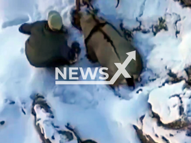 This image is a screen grab of the video supplied titled NewsX-PoliceSnow-01.mp4: The footage shows a person who hunted a mountain goat, which is prohibited to be hunted in Erzincan, pretending to be a mountain goat to hide from the drone recording him in Erzincan, Turkey, undated. The video shared on Twitter (X) on Thursday, Feb. 27, 2027.