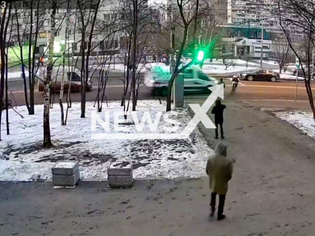 This image is a screen grab of the video supplied titled NewsX-CrossAmbulance-01.mp4: An ambulance crashes into children on bicycles at a crosswalk on Sculptor Mukhina Street, Moscow, Russia on Wednesday, Feb. 26, 2025.