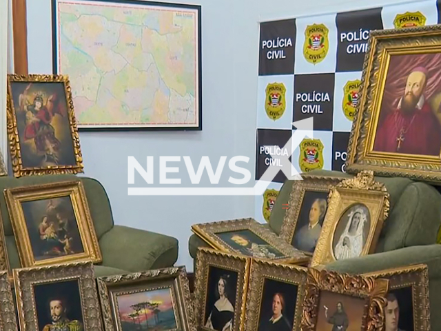 Picture shows dozens of works of religious art found in an apartment in Higienopolis, downtown SP in Brazil, undated. The objects were stolen. Note: Image is a screenshot from video. (Newsflash/NX)