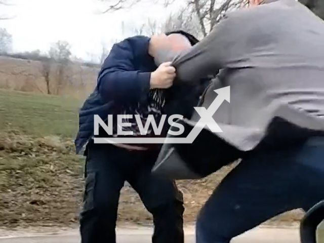 The mayor of Katy Rybackie, attacks a driver in Poland, undated. The man is reported to have serious injuries. Note: Photo is a screenshot from a video. (@anna.perykasza/Newsflash/NX)