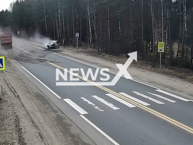 This image is a screen grab of the video supplied titled NewsX-LaneCollide-01.mp4: The car veers into the oncoming lane and collides with a truck in the Ivanovo region, Russia on Wednesday, Mar. 19, 2025.(Clipzilla/NX)