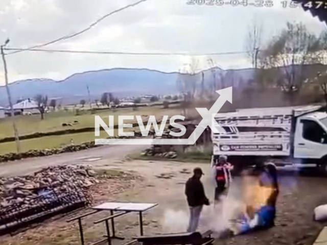 This image is a screen grab of the video supplied titled NewsX-BarrelExplodes-01.mp4: CCTV shows an oil drum exploding like a bomb as it's being cut with an angle grinder in Karliova, Turkey on Monday, Apr. 28, 2025.(Clipzilla/NX)