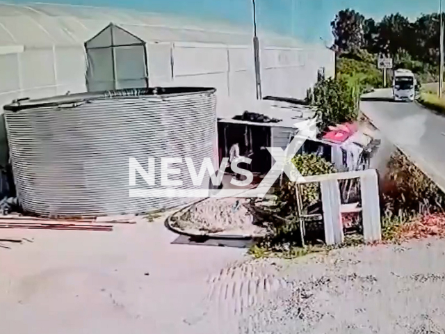 This image is a screen grab of the video supplied titled NewsX-RussianTouristsCrash-01.mp4: CCTV shows a bus carrying Russian tourists crashing in Antalya, Turkey on Tuesday, Apr. 29, 2025.(Clipzilla/NX)